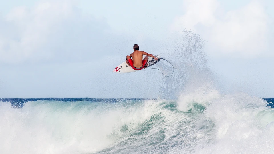 Right out in front of the Rip Curl house at Off the Wall. There were a few days which were great for doing airs. Photo: Mike Smolowe