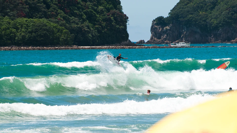 Elliot Paerata Reid boosting in Whangamata. Photo: Digga